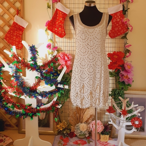 ALANNAH HILL | 100% Silk - Main & Lining | White Beaded Dress Sleeveless | AU 12 - Picture 6 of 15